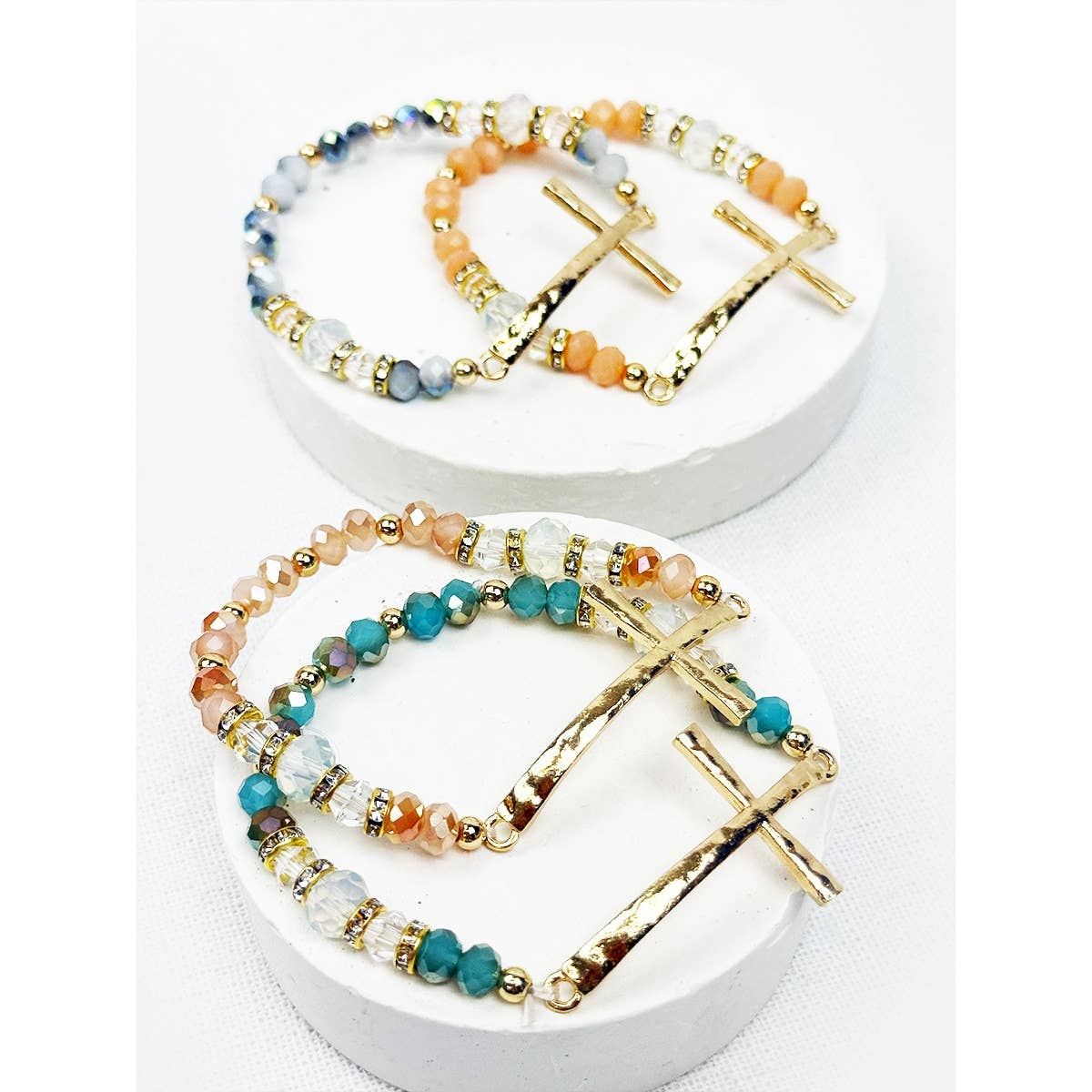 Hammered Cross Bead Stretch Bracelet