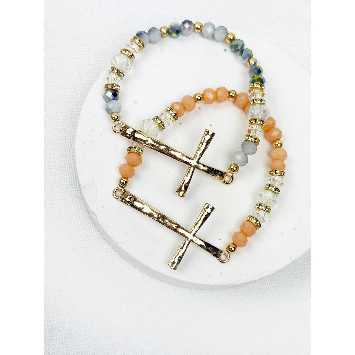 Hammered Cross Bead Stretch Bracelet