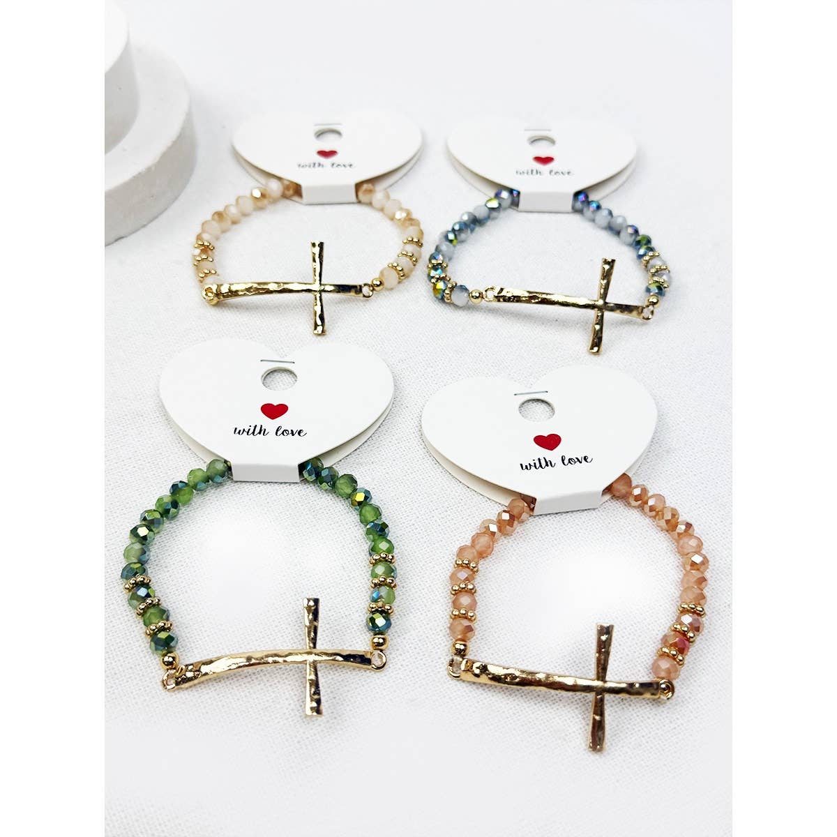 Hammered Cross Bead Stretch Bracelet